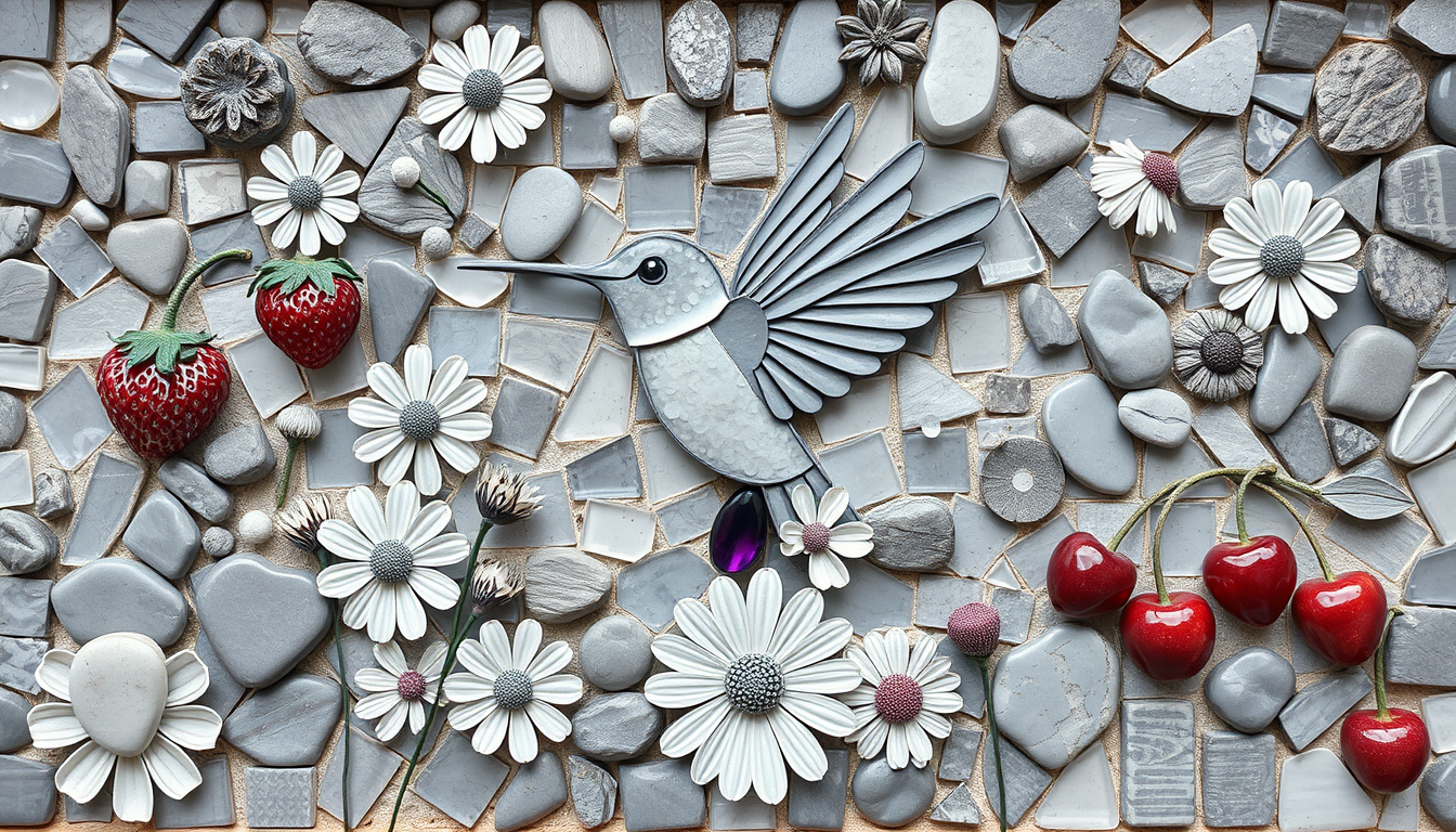 AI Art prompt example created from the prompt: Create a window mosaic in every conceivable shade of gray. It depicts a grey hummingbird in the center, surrounded by grey strawberries, gre
