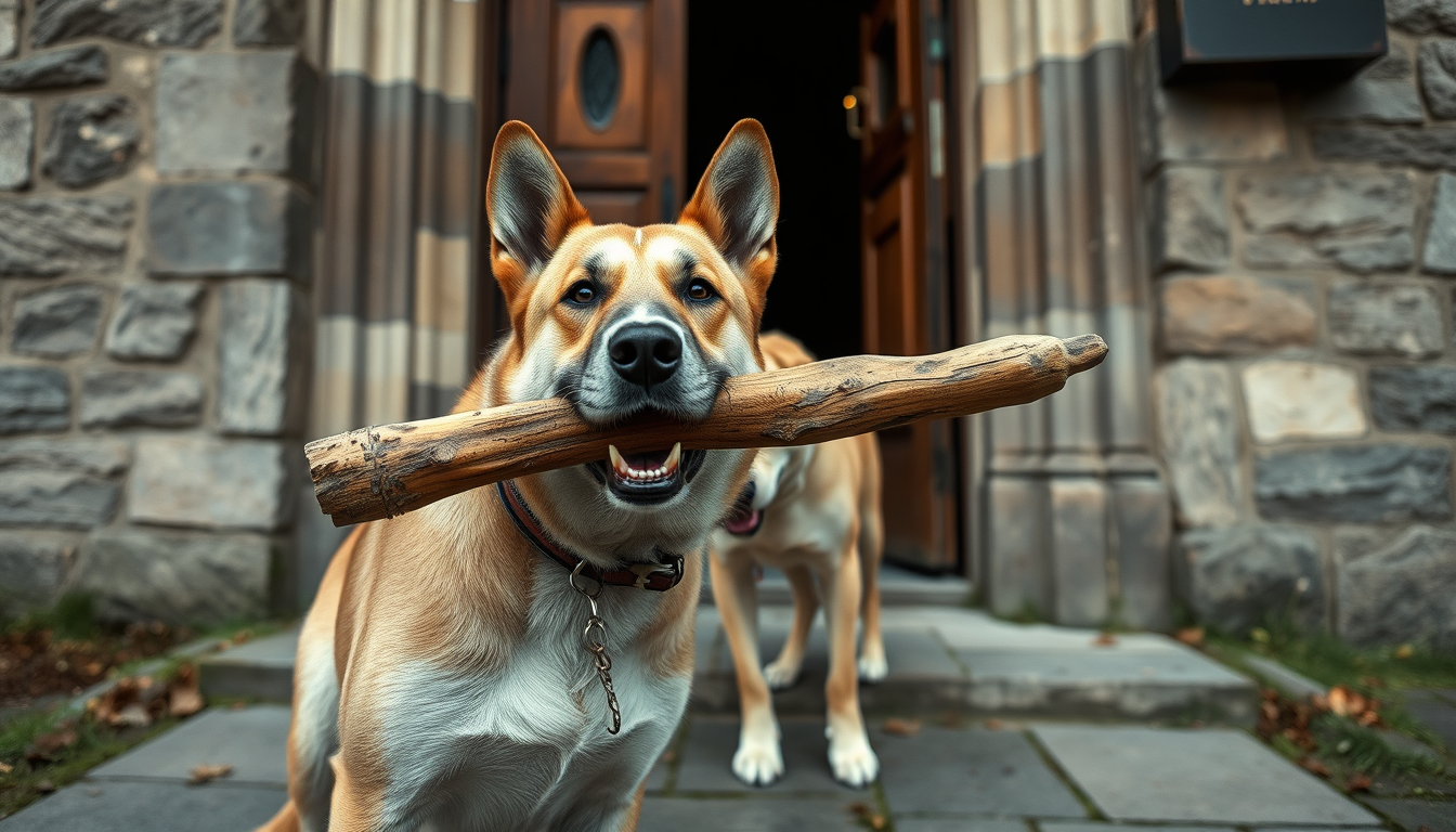 AI Art prompt example created from the prompt: a dog with a big stick in his mouth that prevents him from entering a church door