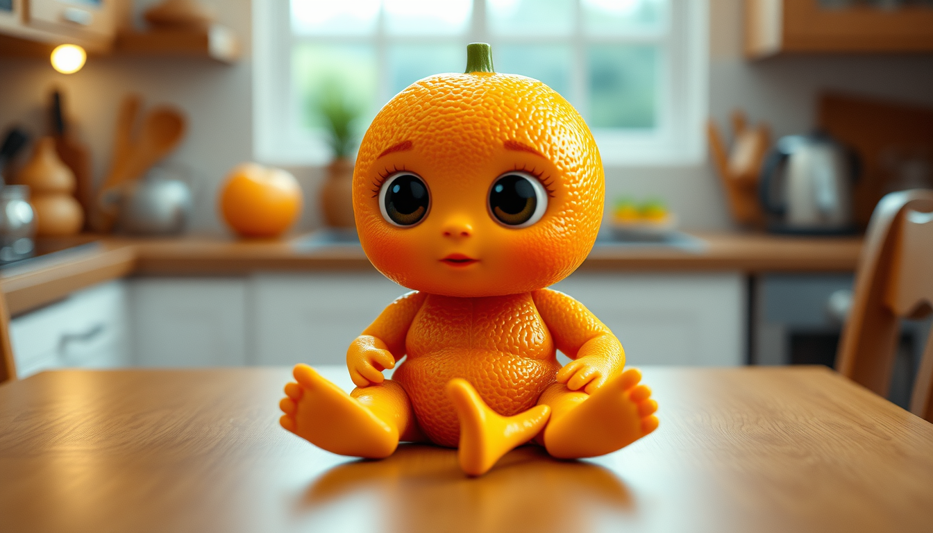 Main art studio: A tiny adorable baby made entirely from a fresh orange, orange peel texture covering the whole body, big glossy cute eyes, tiny hands and feet, sittin