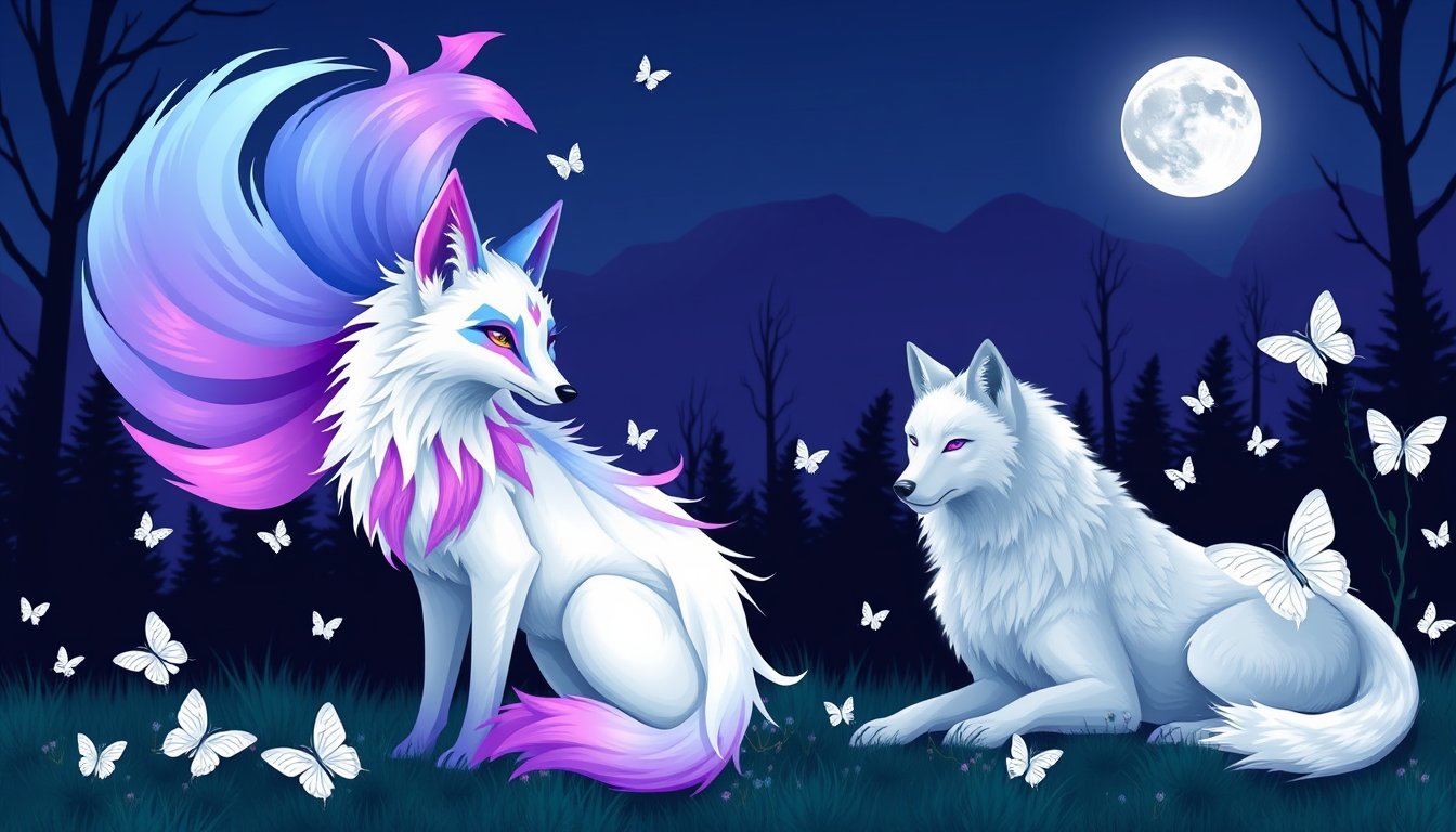 Main art studio: A discord profile banner the colour theme #A34AFC with a beautiful white, blue, pink and purple nine tailed fox with an opposing white wolf with purpl