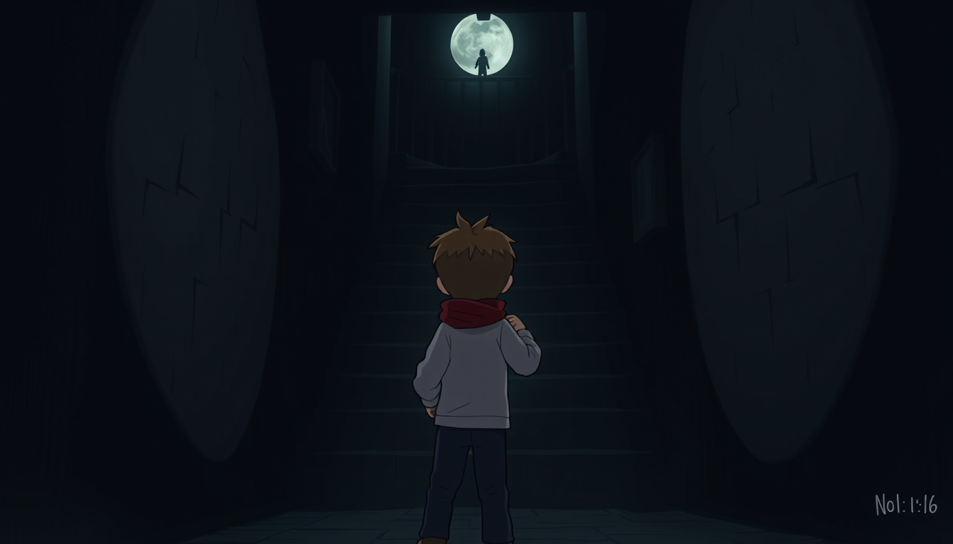 Main art studio: Same Samir and younger brother, 2D dark horror cartoon, cinematic horror, vertical 9:16. Both brothers standing together in a dark hallway, staring fe