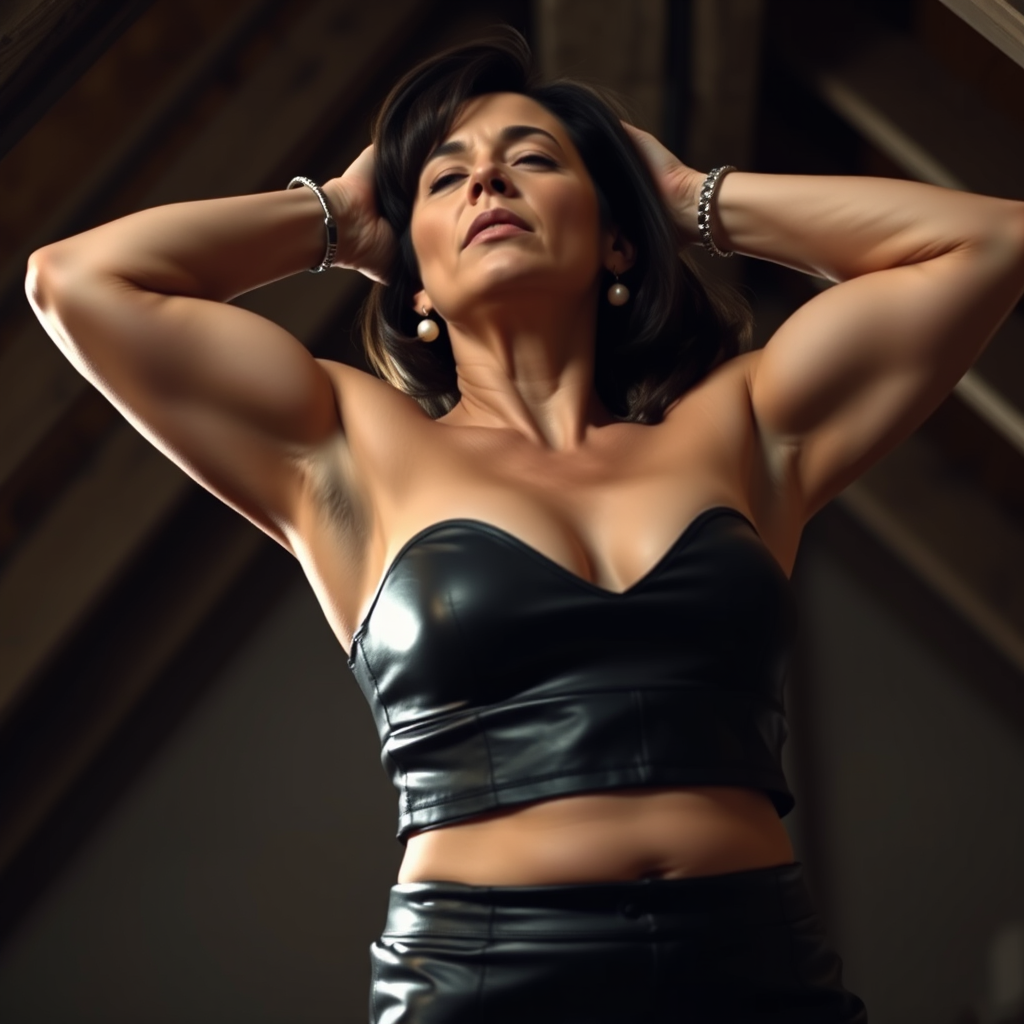 Main art studio: low angle shot of an astonishingly beautiful serious woman around 45, muscular, curvy. She is wearing black leather crop top, white skin, shoulder len