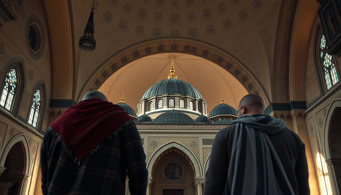 Main art studio: zwei muslime in der moschee, der eine zeigt hoffnung und der andere angst