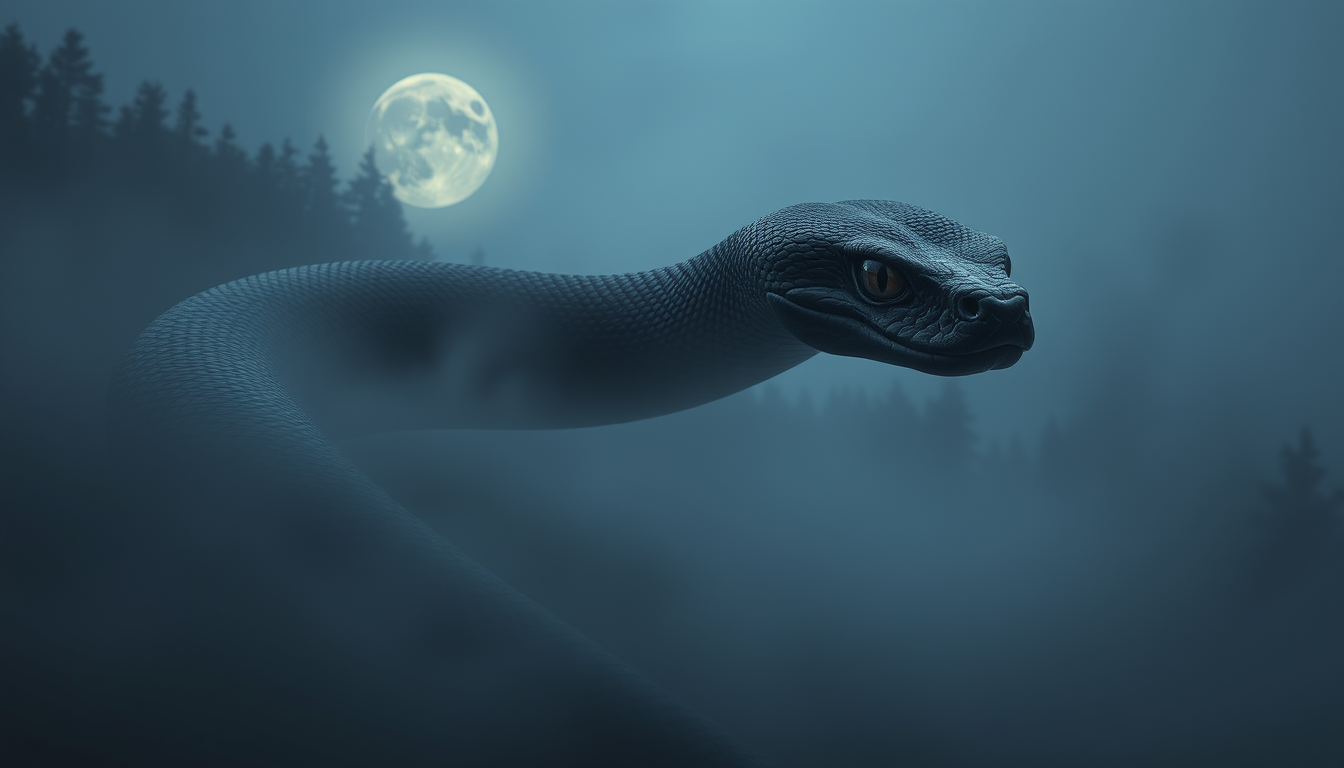 Main art studio: A massive black snake slowly emerging from thick morning mist in a mysterious dreamlike landscape, its scales reflecting subtle moonlight, intense but