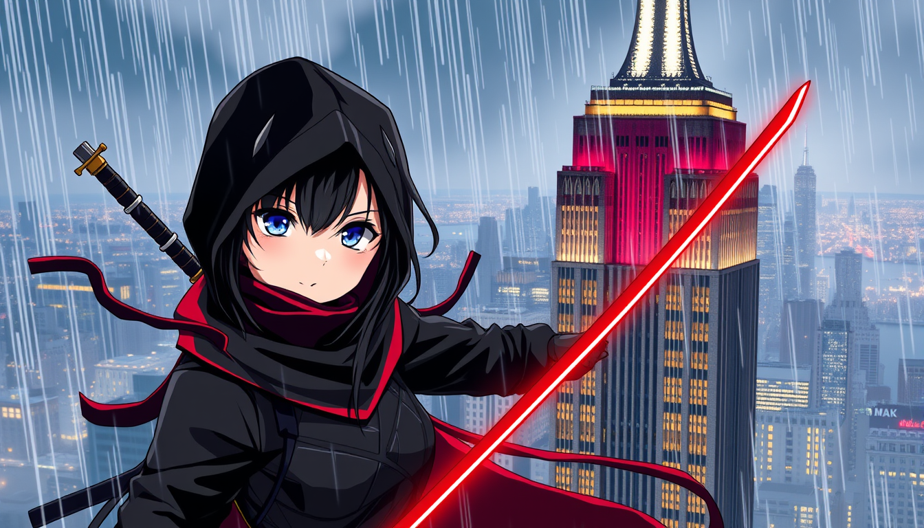 Anime idea created from the prompt: anime style, vibrant colors, expressive eyes, nime female ninja assasin black and red stainding on the empire state building with rain and l