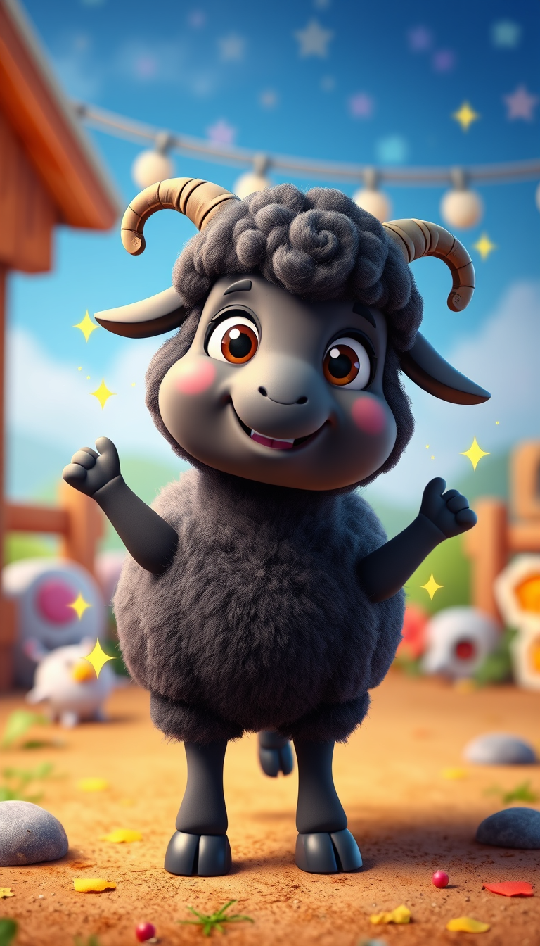 Main art studio: A cute fluffy black sheep with a friendly smiling face, big expressive eyes, small curled horns, soft 3D children's animation style, colorful cheerful