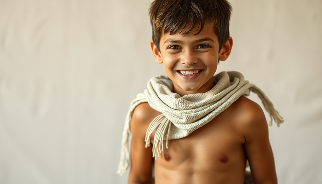 Main art studio: 13 year old smiling wearing loincloth