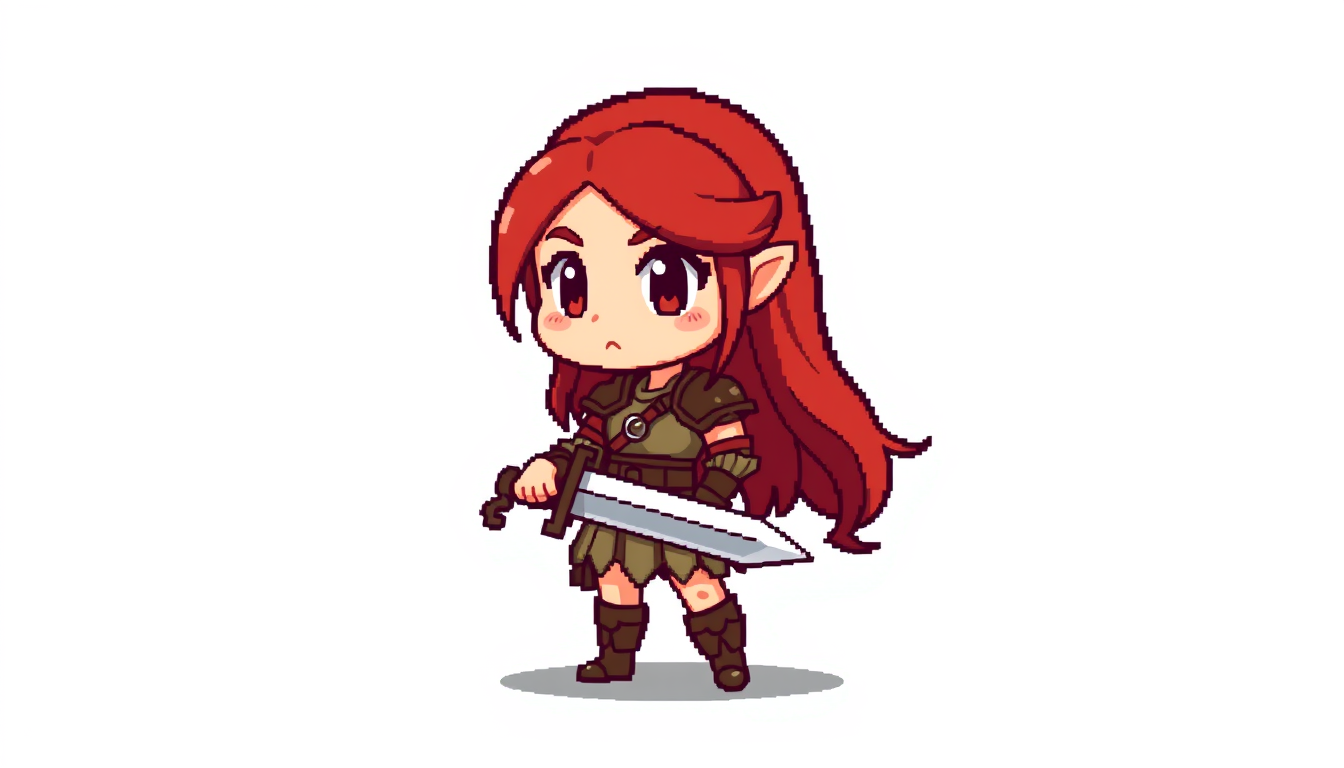 Sprites idea: pixel art game sprite, clean pixel grid, retro 16-bit palette, Side-view platformer warrior princess, long red hair, light leather armor, medium sword