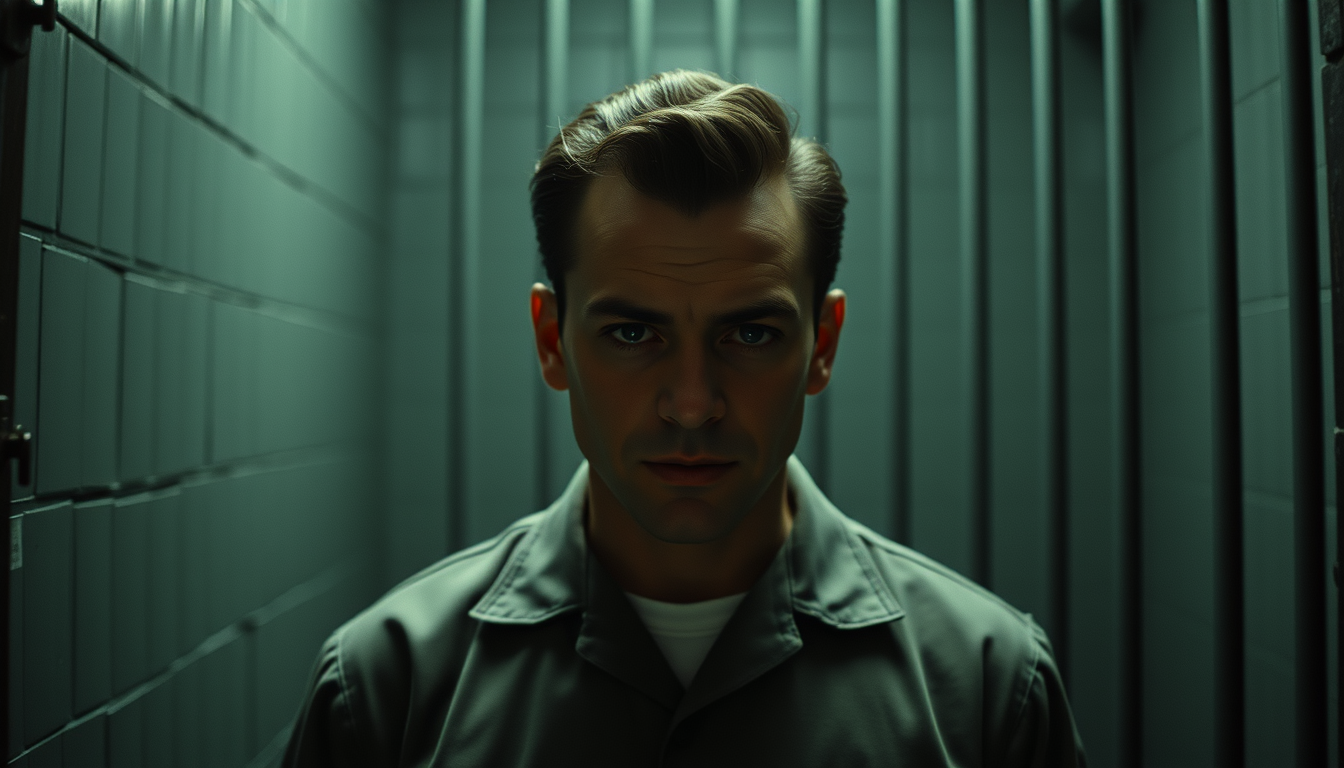 Main art studio: Cinematic historical portrait of Clarence Anglin inside an Alcatraz cell, early 1960s prison uniform, tense expression, realistic documentary photogra