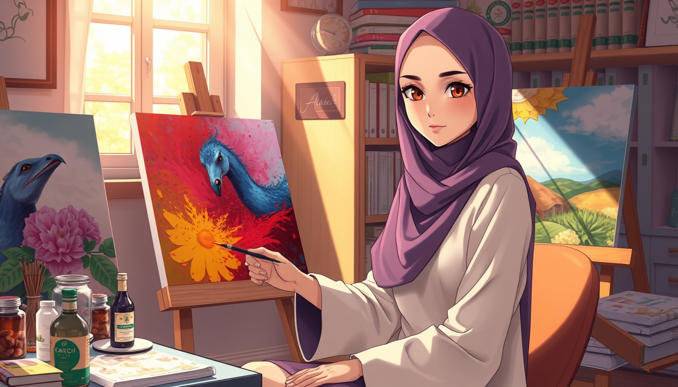 Anime idea: anime style, vibrant colors, expressive eyes, Elegant young Arab woman, fair skin, brown eyes, fully covering elegant hijab with no hair visible, long