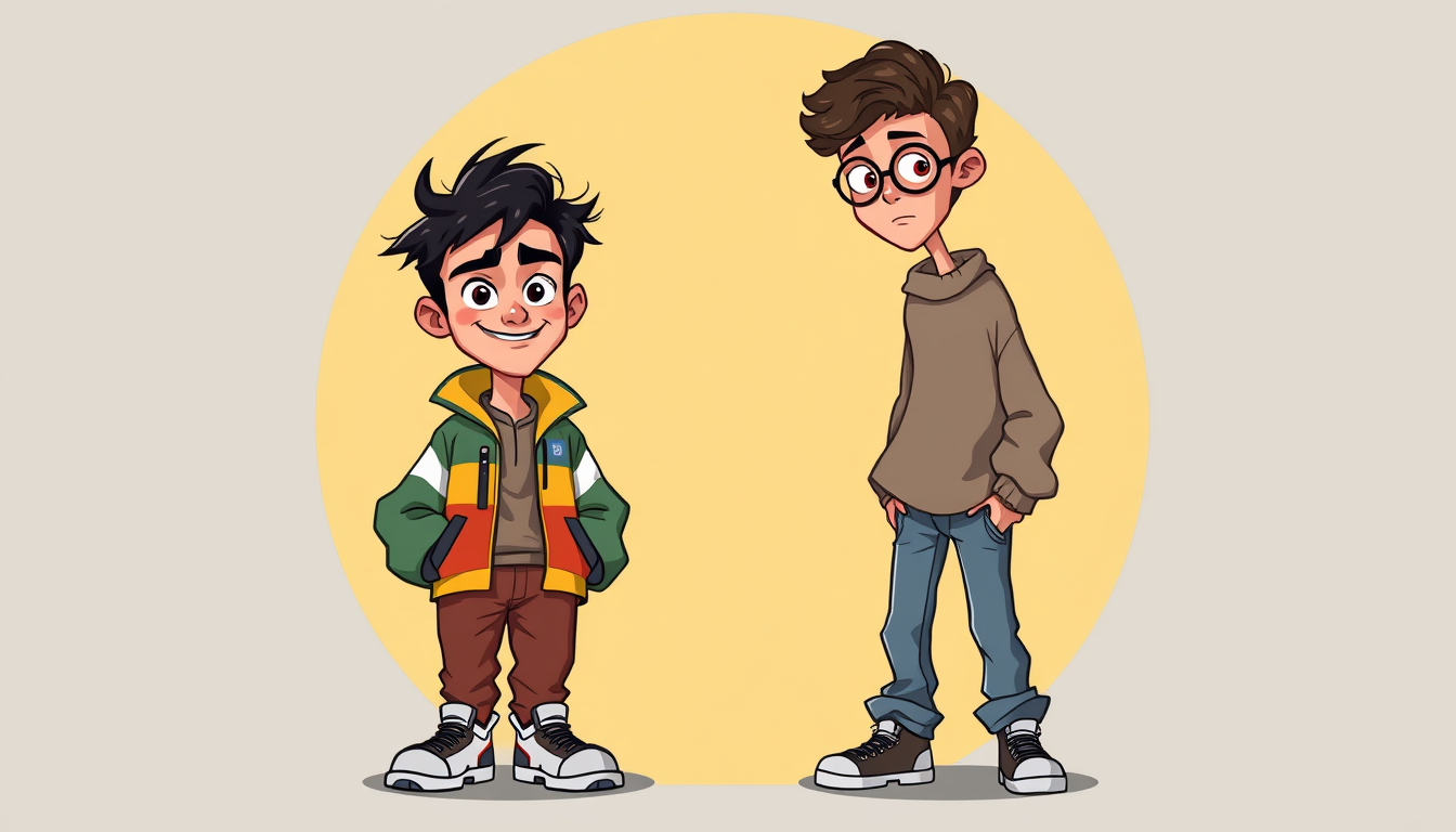Main art studio: Original 2D cartoon sci-fi comedy. Dr. K: short young man, broad shoulders, long arms, round face, big eyebrows, crooked smile, messy short black hair