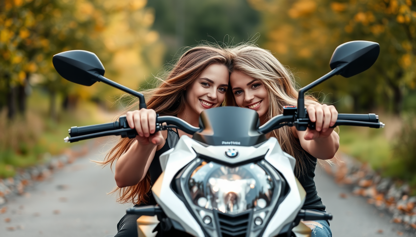 Main art studio: Süsses weibliches gespenst auf bmw G310 R Motorrad einfach schwarzweiss