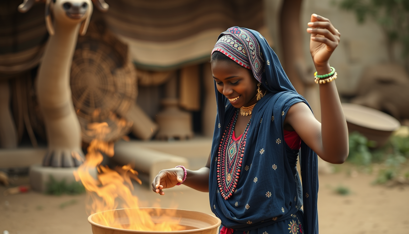 Main art studio: Som African girl dancing with e green hejab end kooking nudels