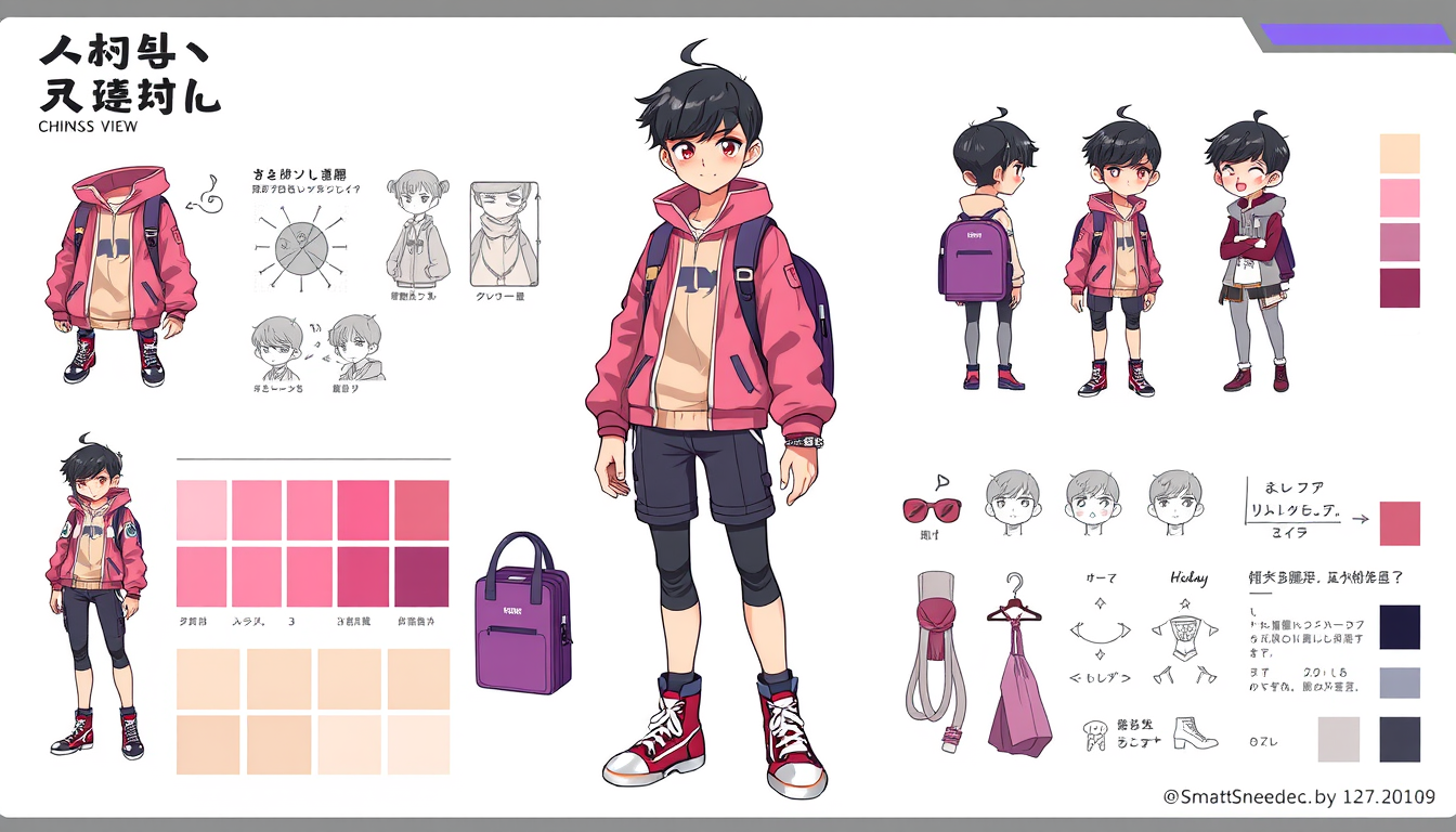 Character Sheet idea: a visual character reference sheet with a dominant full-body view, controlled details, palette swatches, and supporting expressions or accessories, de