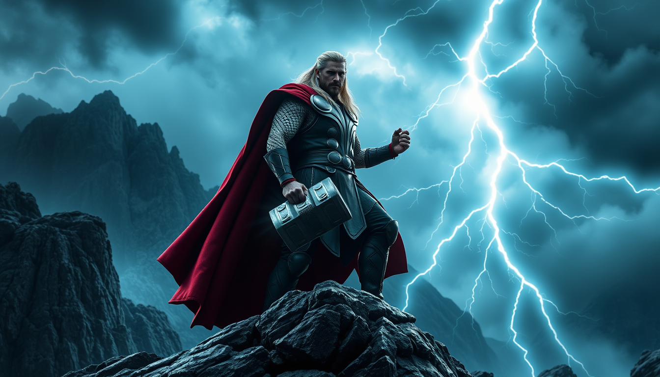 YouTube Banners idea: youtube channel banner, wide 16:9 composition, bold branding graphics, "A mighty Thor standing on a rocky mountain during a thunderstorm, holding the 