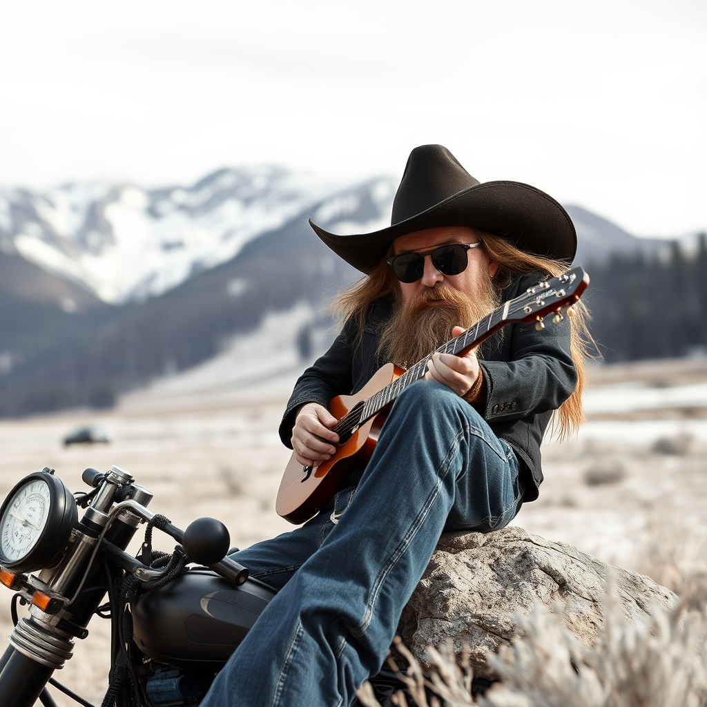 Main art studio: erstelle bitte ein bild eines dicken ZZ Top Typen in western landschaft an einem Froschteich sitzend oder stehend.