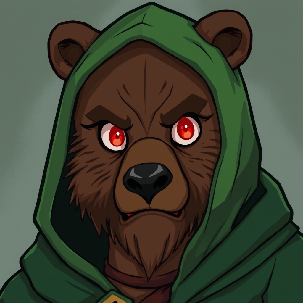 Main art studio: fantasy cartoon artstyle. A druid with a green cloak with a hood on. The character wears a bear face to cover his face. Only the humans eyes are visib