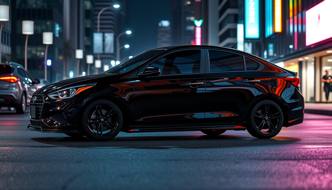 Main art studio: 2020 Hyundai Accent sedan, gloss black paint, aggressive sporty OEM+ build, lowered suspension, 17-inch gloss black multi-spoke alloy wheels, low-prof