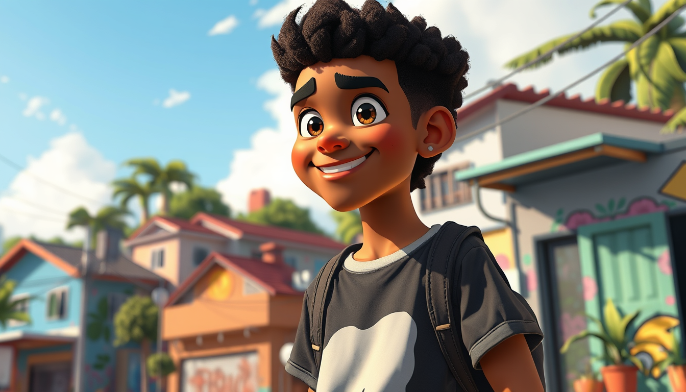Main art studio: Ilustração de um jovem brasileiro da periferia, entre 17 e 20 anos, pele negra, cabelo crespo com corte degradê, olhos grandes e expressivos, sorriso