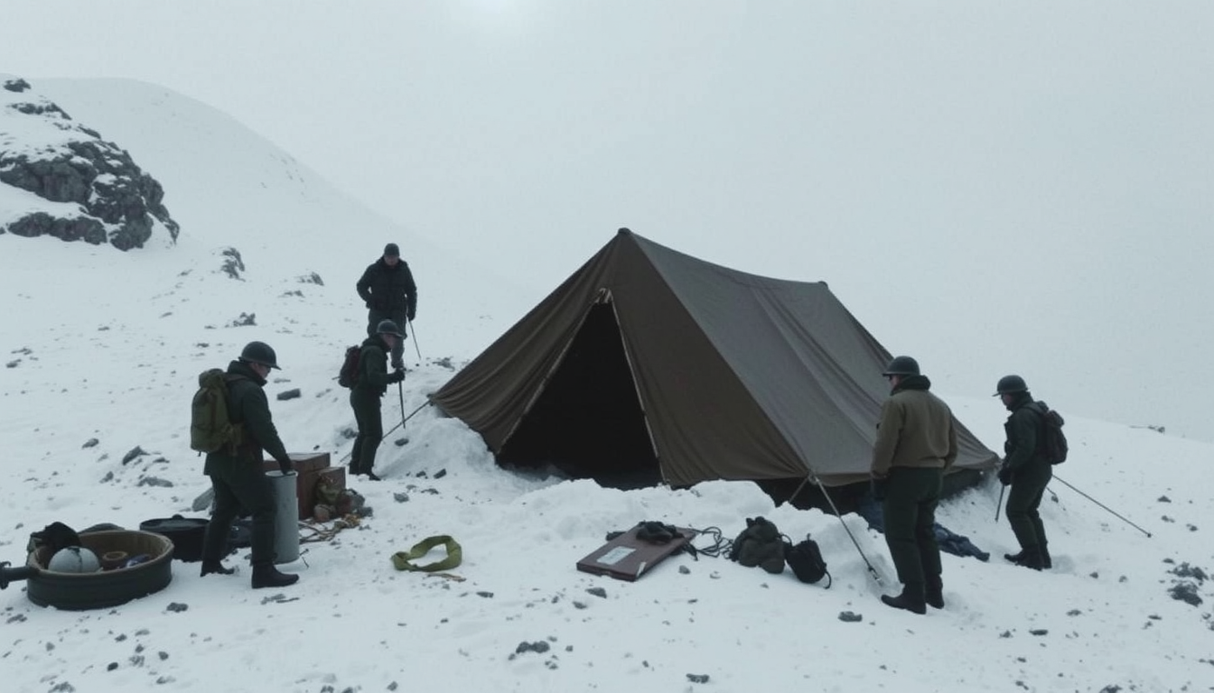 Main art studio: A search team discovering an abandoned expedition tent on a snowy mountain slope in the Ural Mountains, 1959, the tent partially buried in snow, rescu