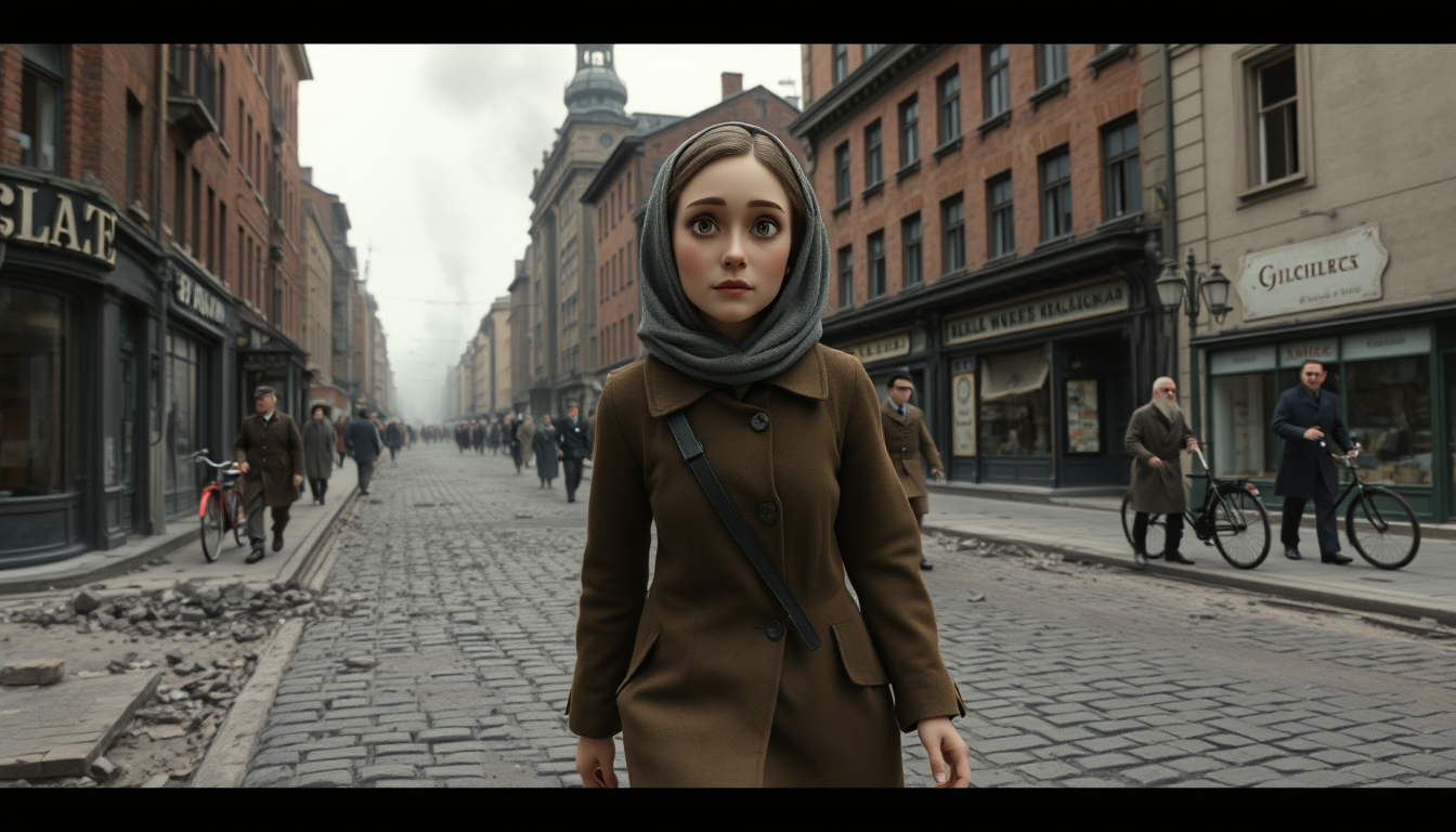 Main art studio: Cinematic 3D animated historical drama set in Berlin, April 1945, the recurring civilian woman in her mid-thirties wearing a worn brown coat and muted