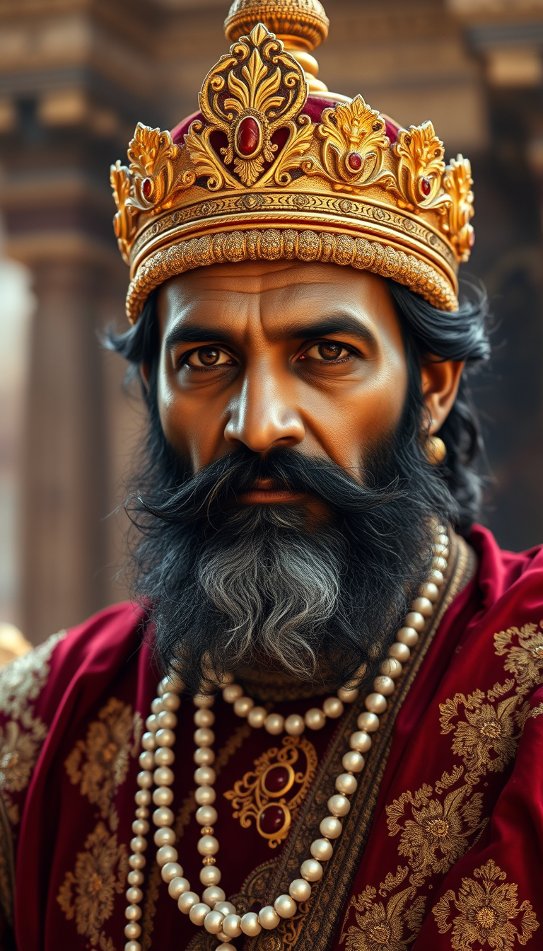 Main art studio: A 58-year-old Indian king, thick black and grey beard, long royal moustache, sharp brown eyes, golden crown, maroon velvet royal sherwani with intrica