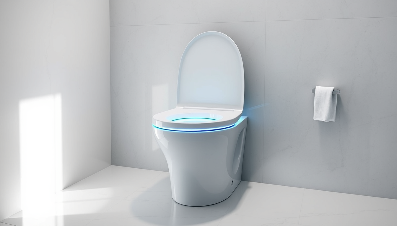Main art studio: Refine this smart toilet into a premium, distinctive product called CleanSense. Keep the elegant white monobloc shape, but make it slimmer, smoother a