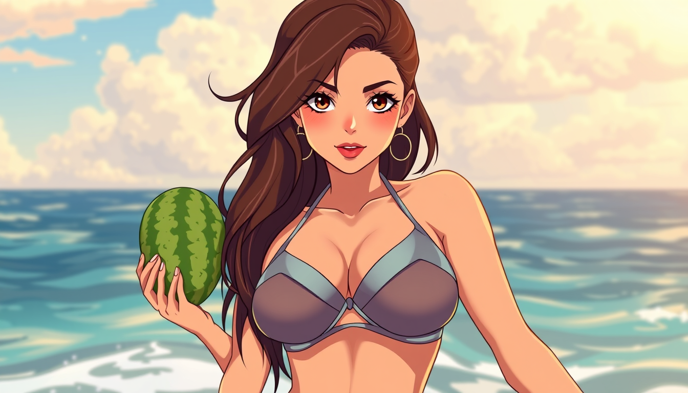 Main art studio: Femme en bikini a la plage , elle est belle est brune . Yeux marron et elle a 2 gros melons a son torax . L image est de style animé 2026 .