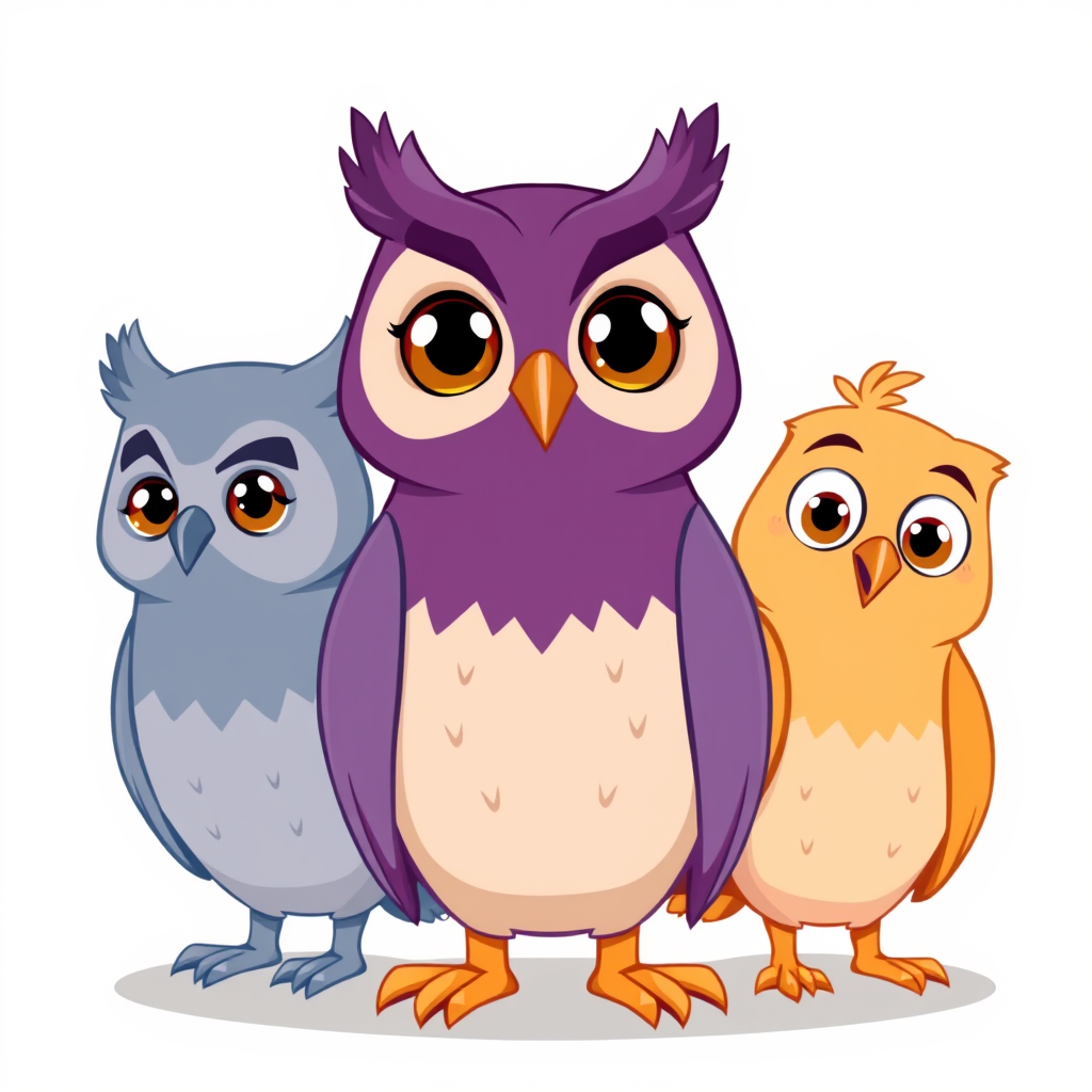 Main art studio: Exactly three cute cartoon owls with identical beak shape and size. All eyes fully open, lively and clearly visible. Left blue-gray: body forward, hea