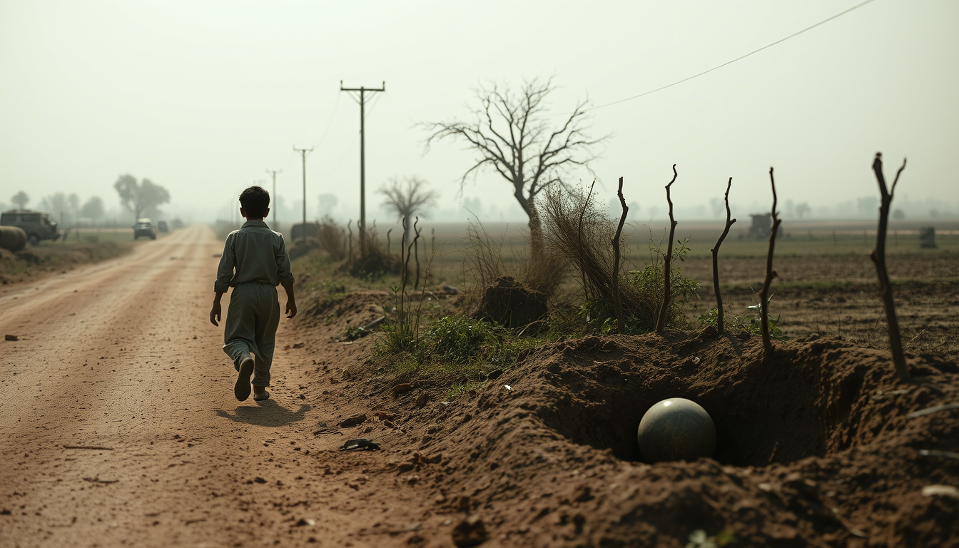 Main art studio: A poor young Pakistani village boy walking alone on a dusty rural road, he notices something mysterious buried in the soil, cinematic realistic style,