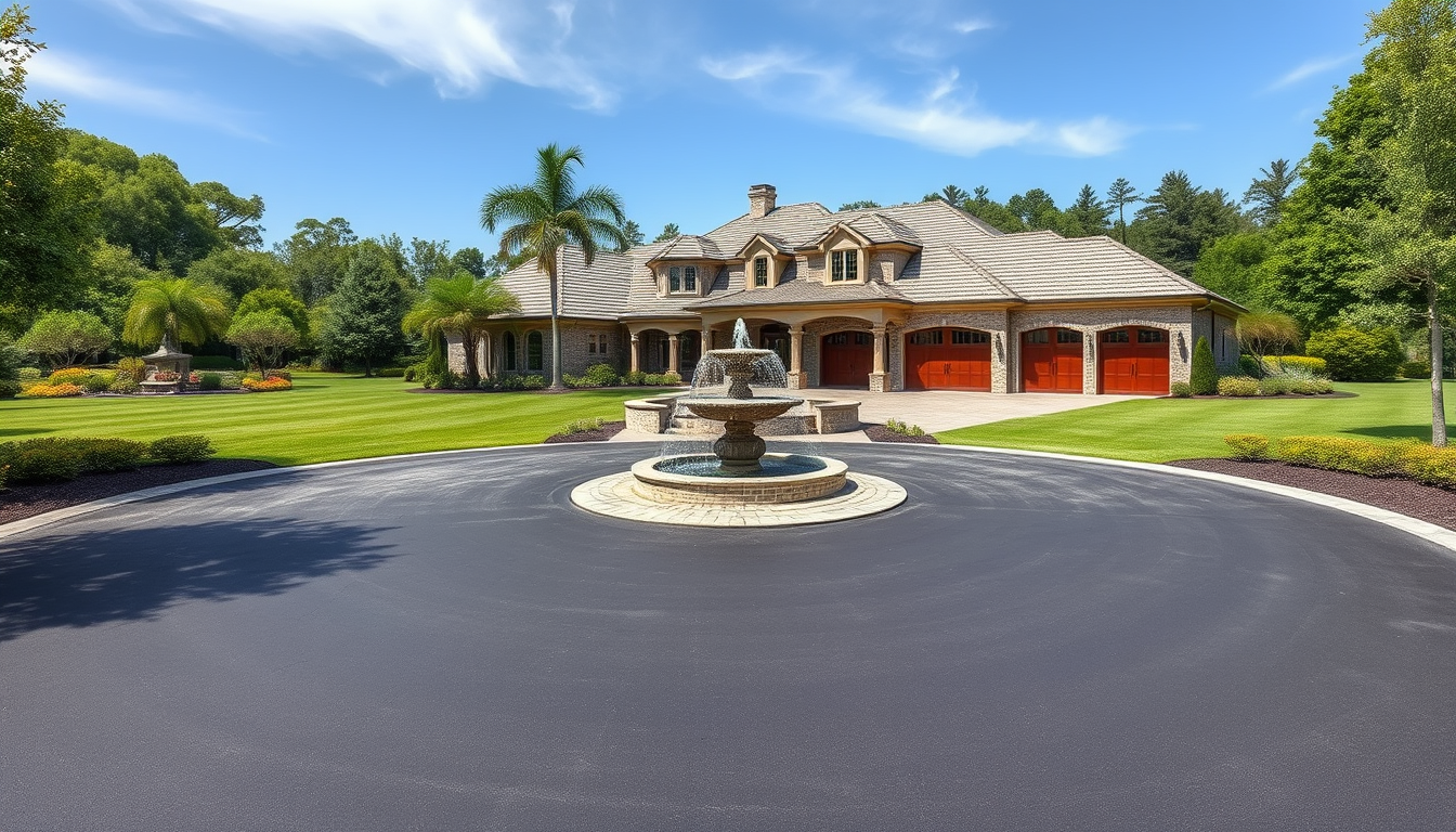 Main art studio: a large home on a large acreage with a private long road/driveway leading to the home. the black top road leads up to the into glossy gray brick stone