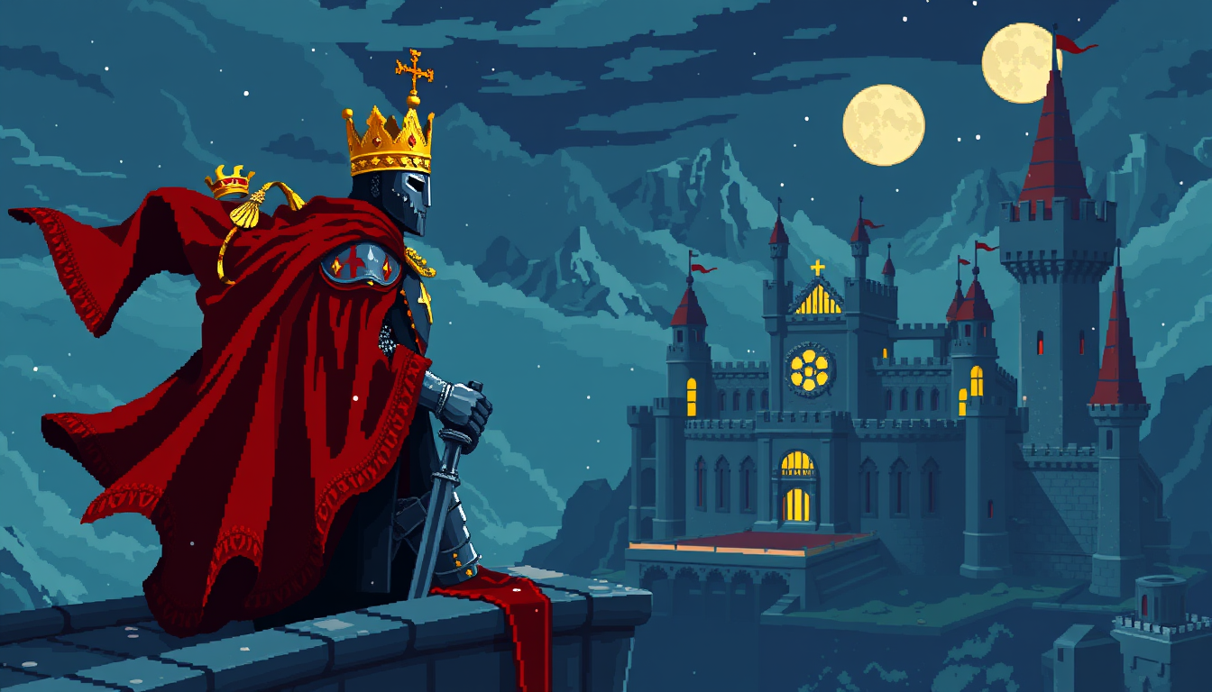Main art studio: 16-bit dark fantasy pixel art, January's fate as a knight: a victorious crowned knight ruling a magnificent medieval kingdom from his castle balcony,