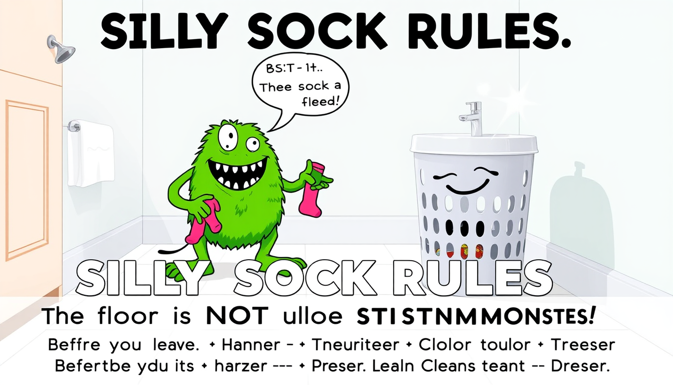Main art studio: Create an 8.5×11 inch goofy green sock monster trying to eat socks left on the floor while a smiling laundry hamper says "Feed me instead!" Bright bat