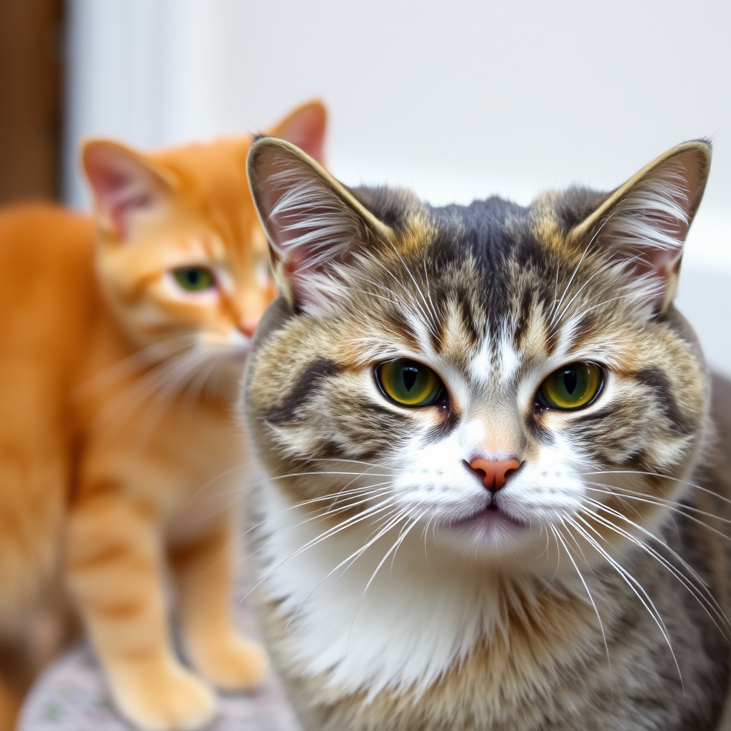 Main art studio: Have a ginger cat in the background and a gray and white cat getting married make sure you can see the ginger cat make sure a tear going down the ging