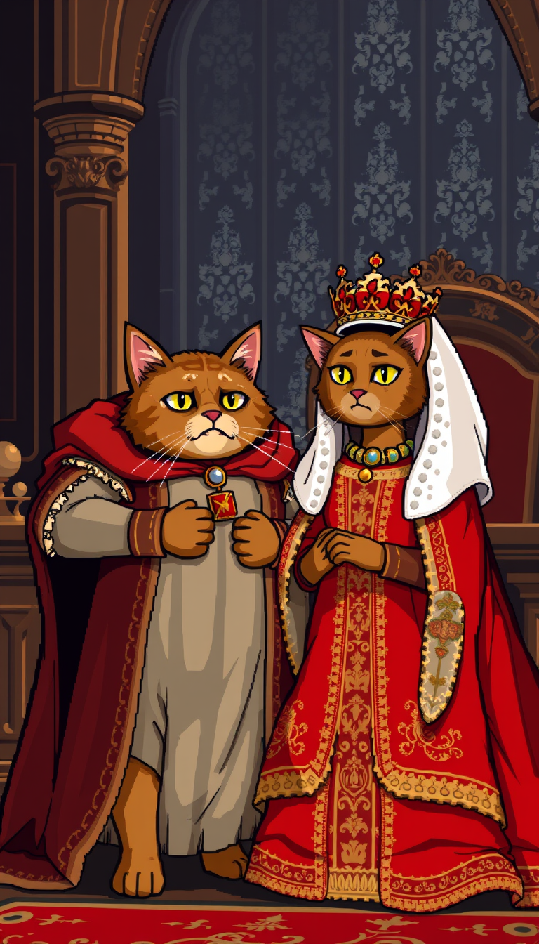 Main art studio: Vertical 9:16, detailed 16-bit comic pixel art. The same Henry VIII cat stands beside Catherine of Aragon, a dignified brown female cat wearing a red-