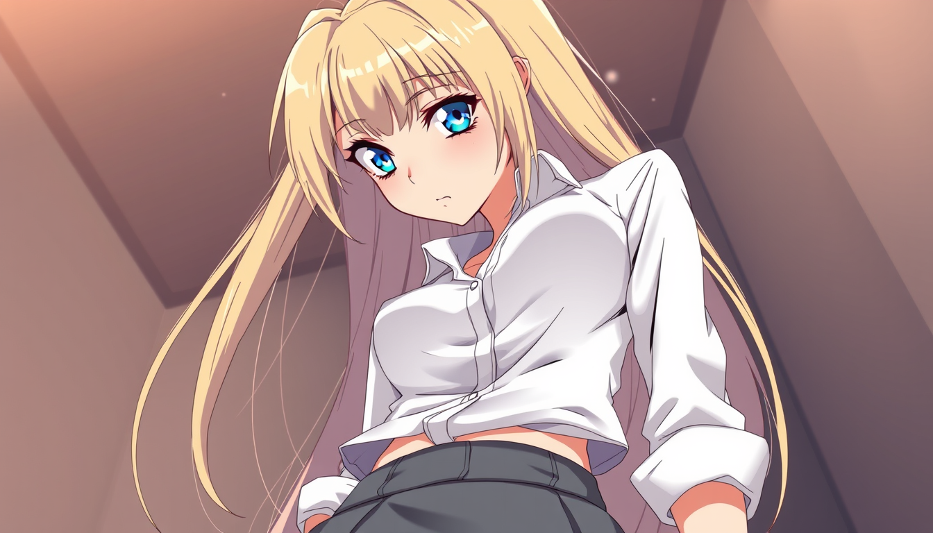 Anime idea: anime style, vibrant colors, expressive eyes, Tall pale skinned woman, long blonde hair, blue eyes, nice curves, wearing a white button up shirt with