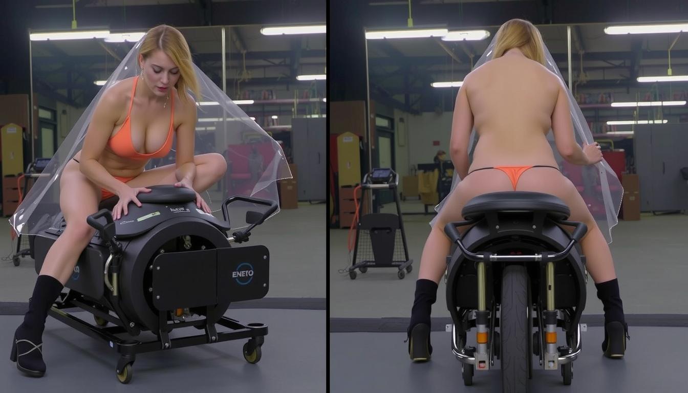 Main art studio: Machine and saddle vibrating with max power. Woman sits still but is in ecstasy