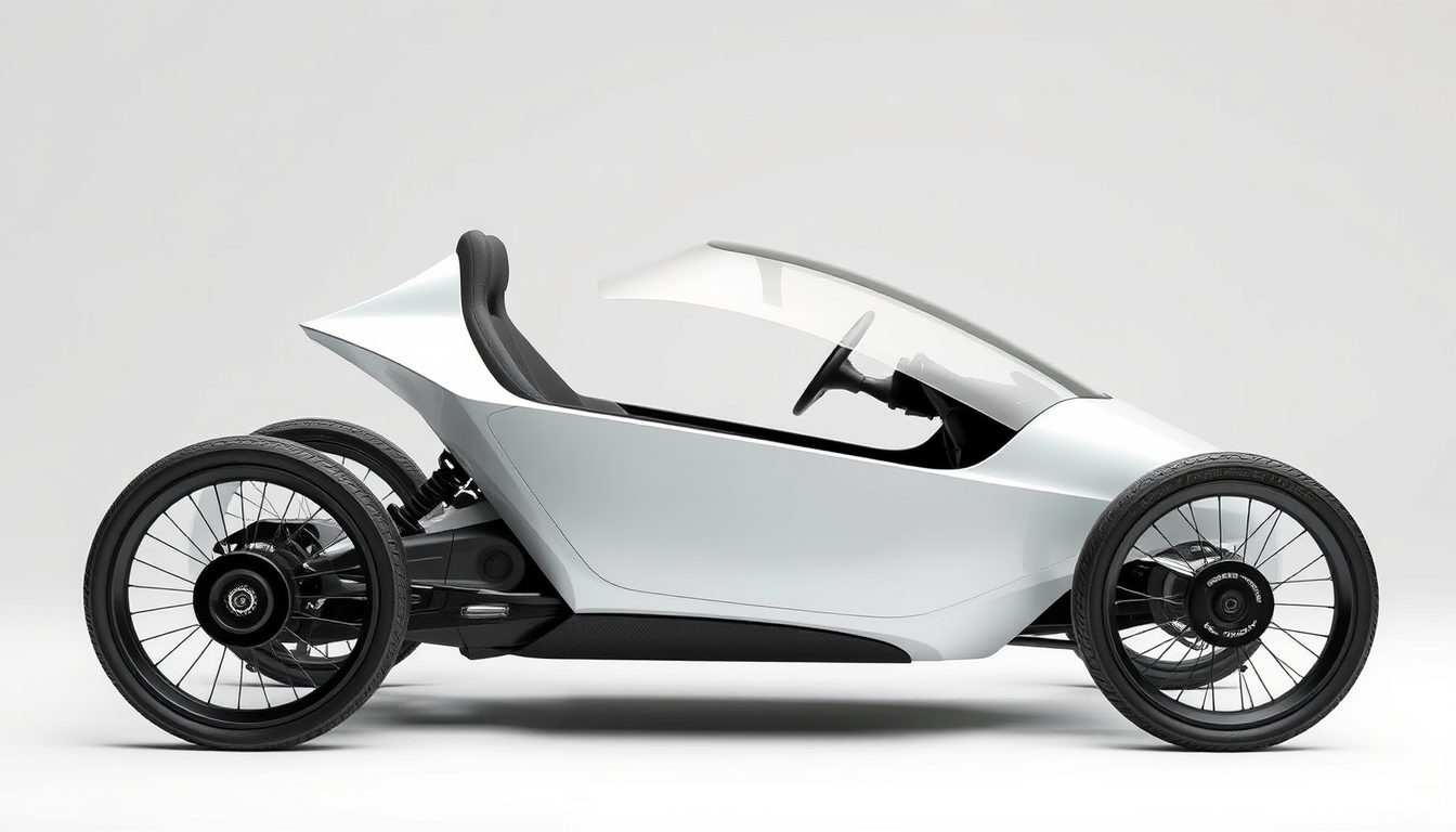 Main art studio: A realistic engineering prototype of a SINGLE-SEAT FOUR-WHEEL velomobile. Exactly four wheels, two front wheels and two rear wheels, all visible. Clos