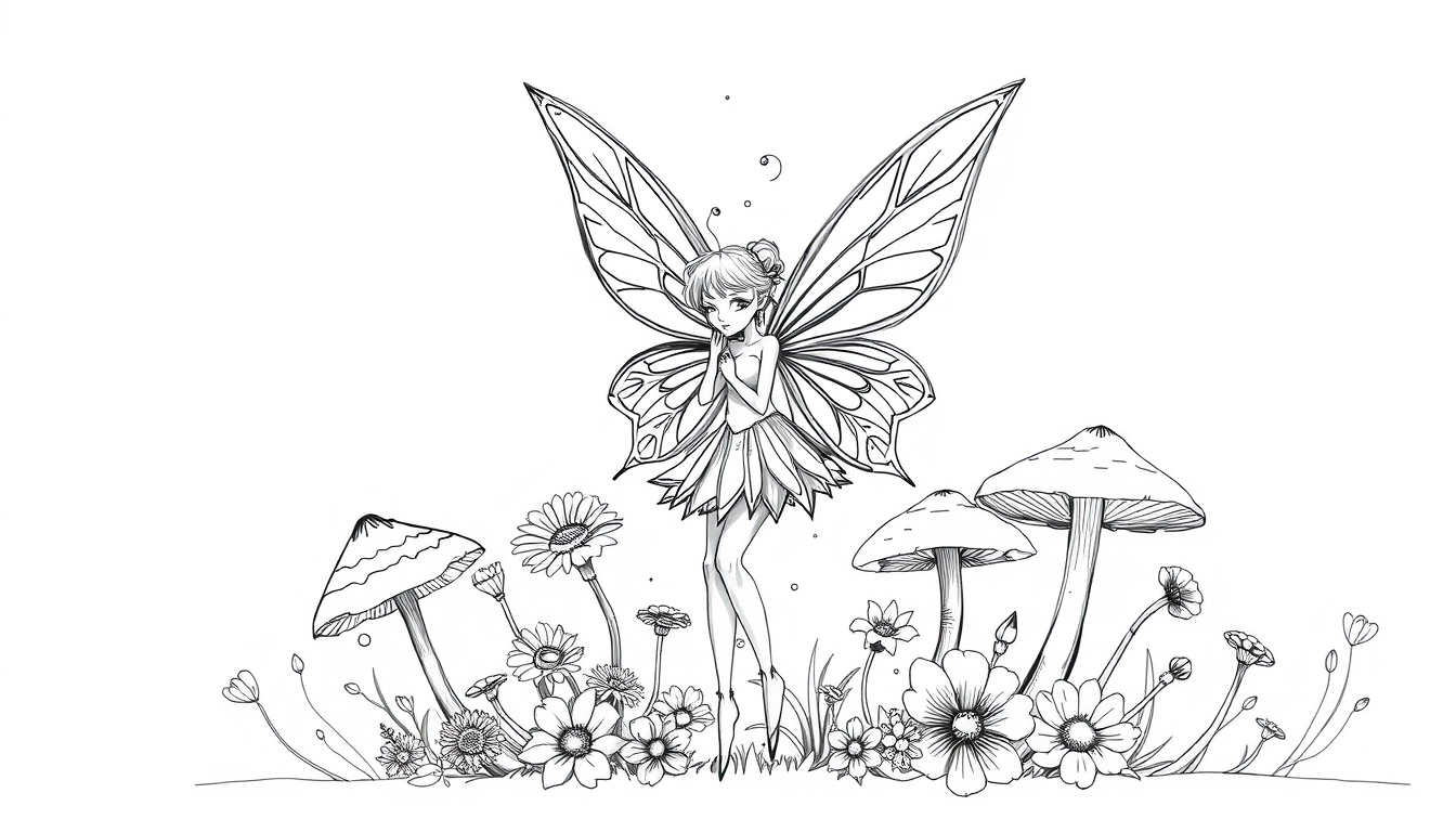 Main art studio: sketch up some line art of an simple obscure highly detailed asymetrical fairy in front of some flowers and flowers with some squiggles and lines and