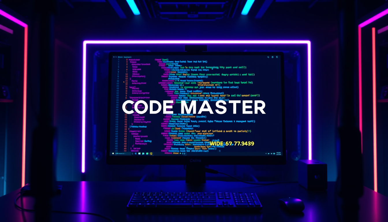 AI Art prompt example created from the prompt: Cool professional programming channel cover, dark futuristic background, glowing computer screen with colorful code, neon blue and purple li