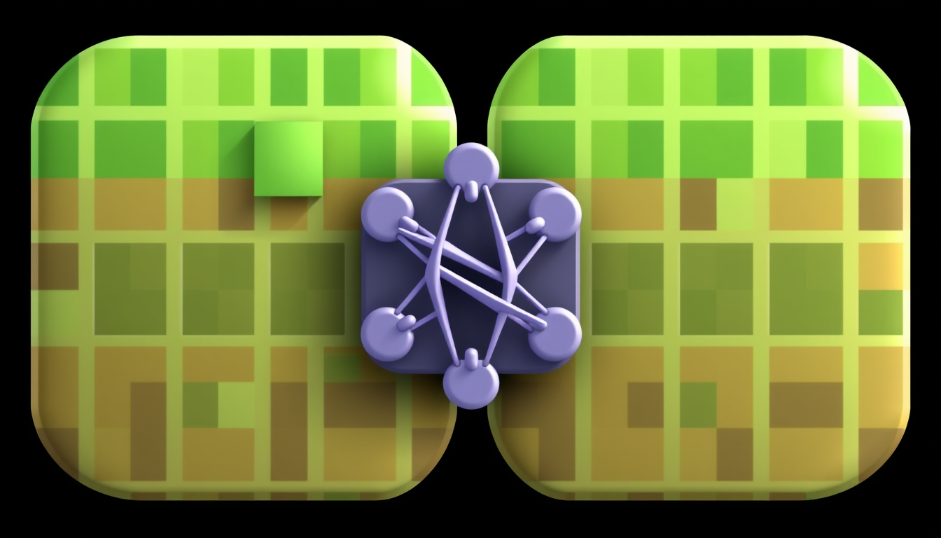 Main art studio: Classic minecraft grass block icon, with the physics icon, 2D app icon. dont make it a 3D block. make the physics icon in the middle of the
