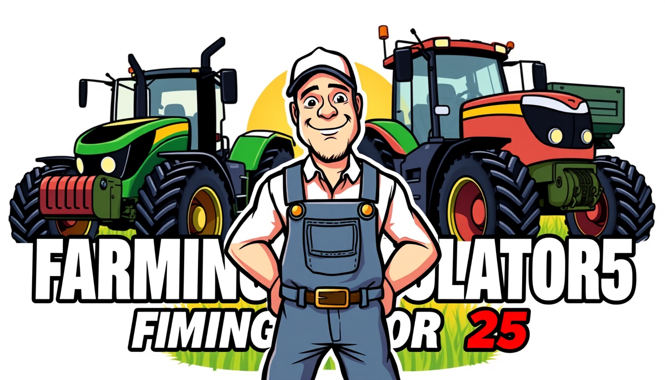 Main art studio: Cartoon gaming logo for a Farming Simulator 25 YouTube & TikTok channel. A cool, confident farmer wearing a cap and overalls stands in front of a huge