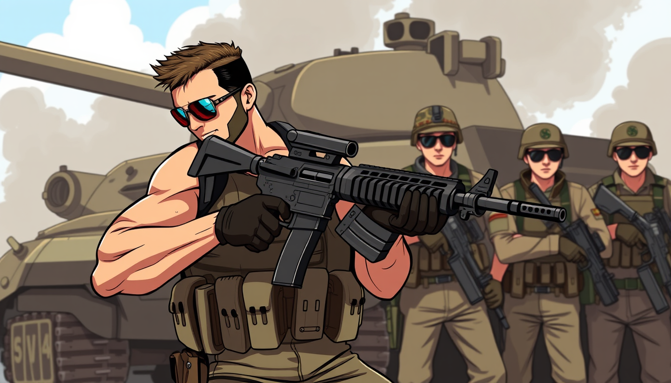 Characters idea: an original character defined by silhouette, role, outfit, palette, and expression, deliberate composition, a fit muscular soldier with a machine gun