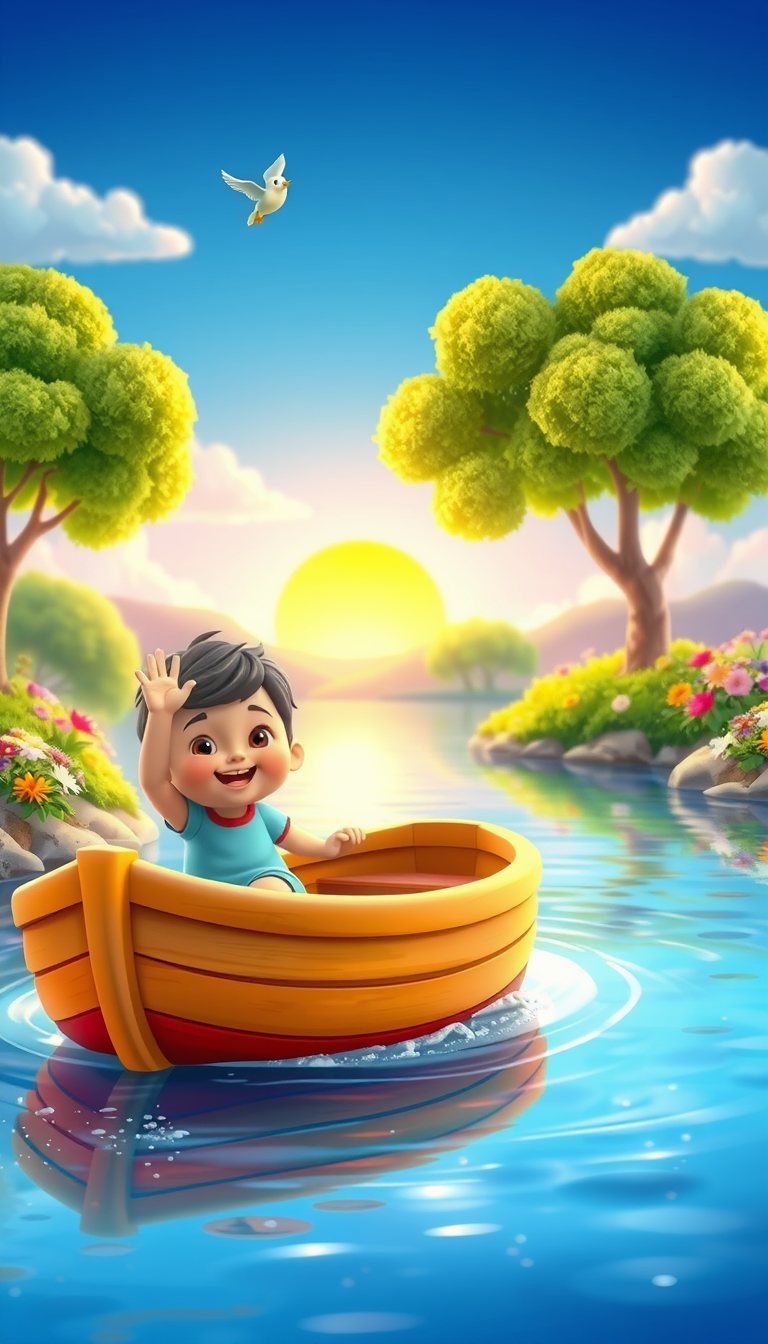 Main art studio: A cute, cheerful young child sitting safely inside a small colorful wooden boat, gently floating along a calm, sparkling river.The boat slowly floats