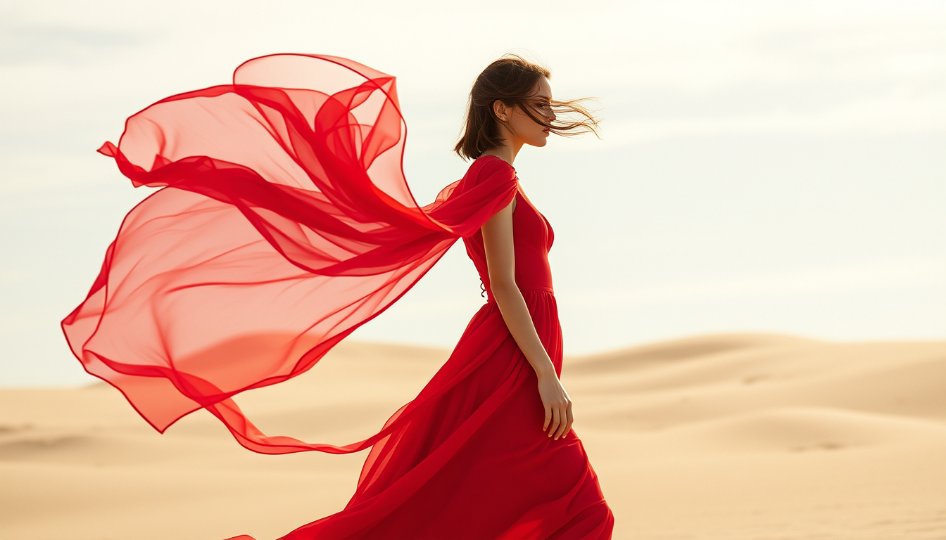 AI Art prompt example created from the prompt: fashion editorial, flowing red dress in a desert, dramatic wind, soft light,girl, 13j o
