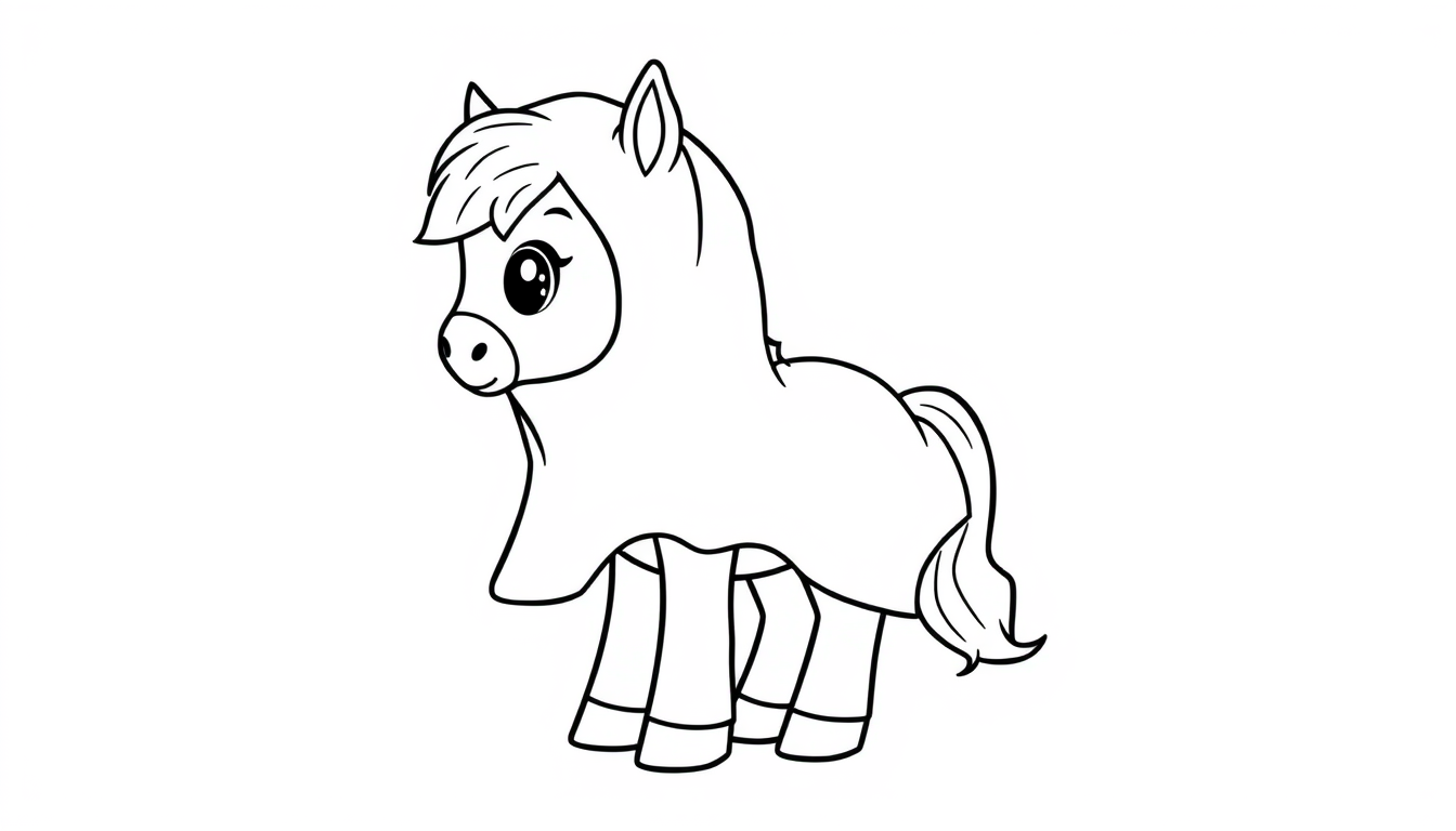 AI Coloring Page idea created from the prompt: black-and-white coloring page, bold clean outlines, large enclosed areas, no shading, Cute small pony wearing a loose ghost-sheet costume. F