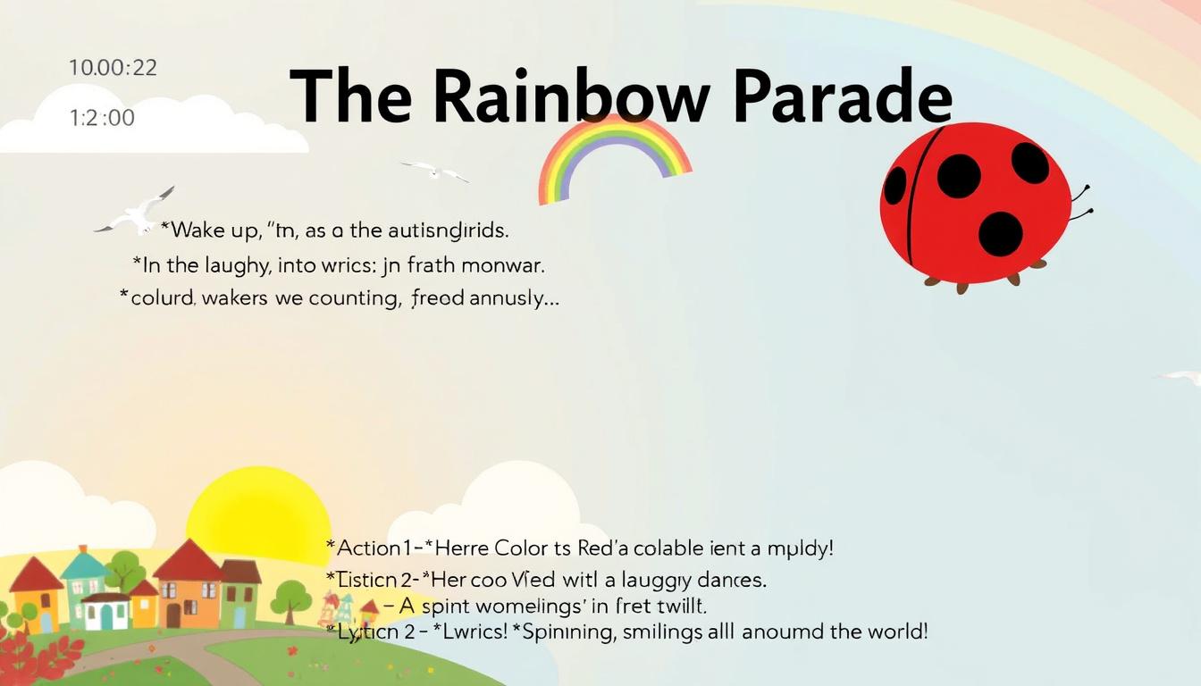 Main art studio: Title: "The Rainbow Parade" Length: 2:00 Target Age: 2–5 years Theme: Colors, movement, counting, and teamwork. Scene 1 (0:00–0:10) – A New Morning Vi