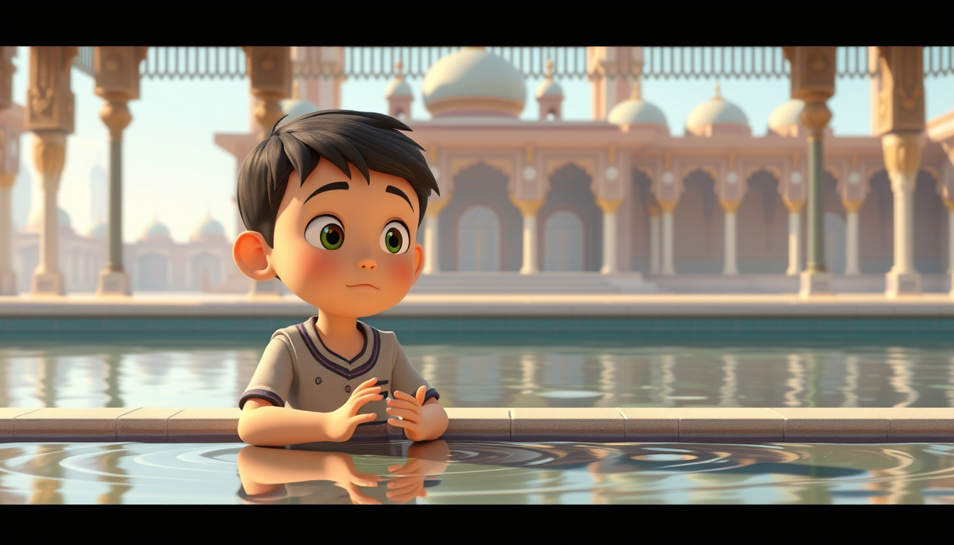 Main art studio: The same boy performing wudu at a traditional mosque water area, calm expression, beautiful mosque architecture in background, 3D animated cartoon mov