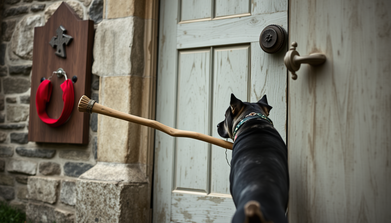 AI Art prompt example created from the prompt: A dog with a big stick trying to enter what is very clearly the door of a church
