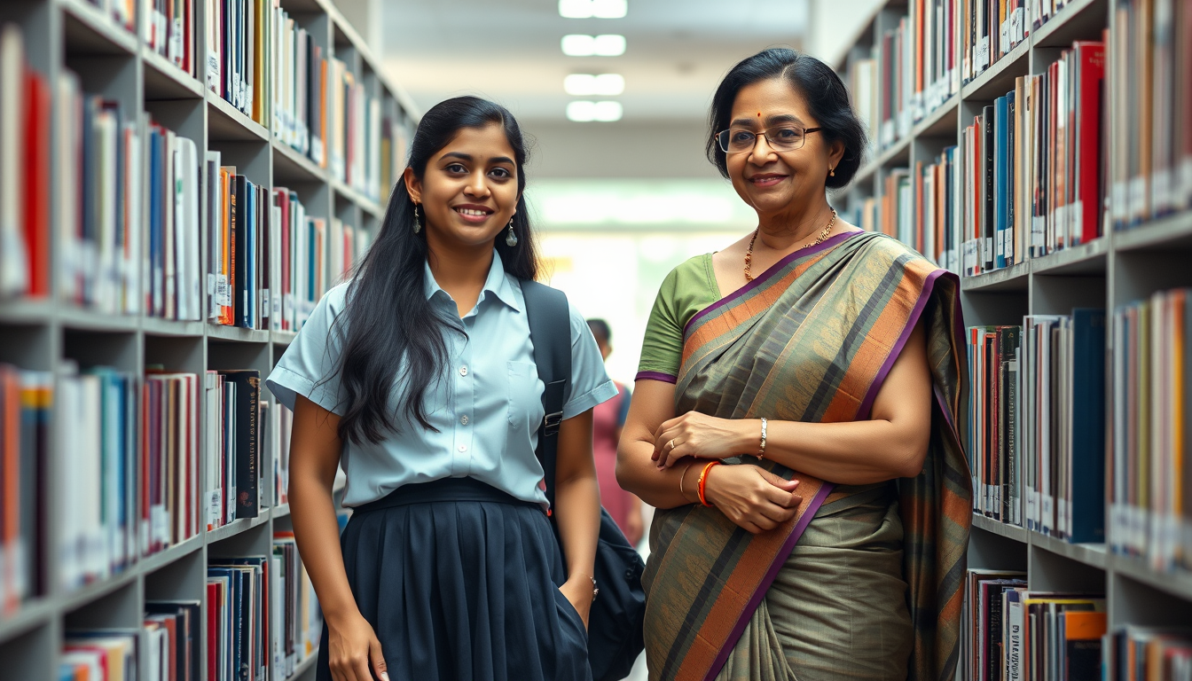 Main art studio: Landscape photorealistic Indian school brochure photo: 18-year-old female student in modest shirt skirt school uniform and elegant female teacher in h
